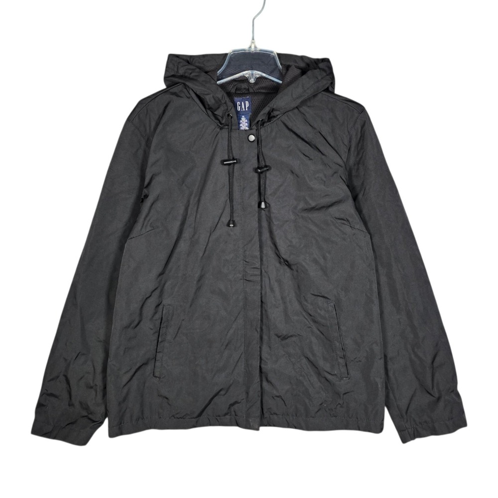 Vintage Gap Rain Jacket Womens XL Full Zip Black Lined Hooded Zip Snap Polyester